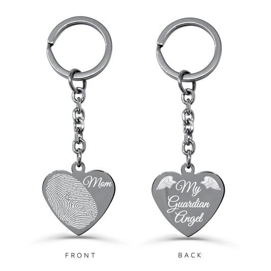 Personalized fingerprint memorial heart keychain for Mom with custom“My Guardian Angel” engraving on the back