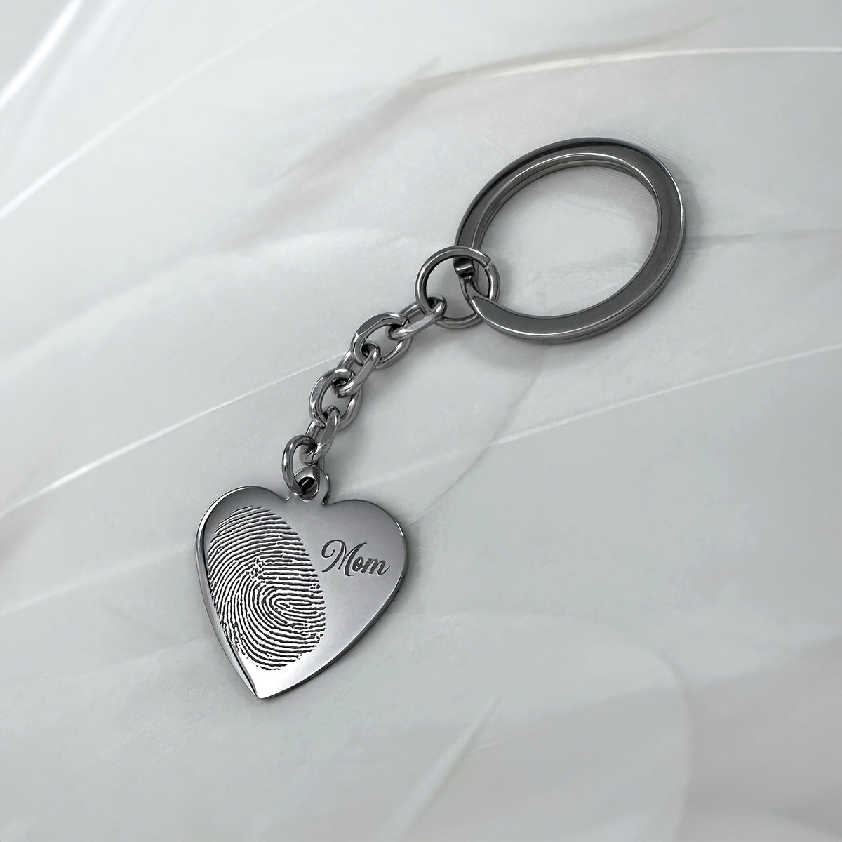 Custom fingerprint heart keychain engraved with Mom