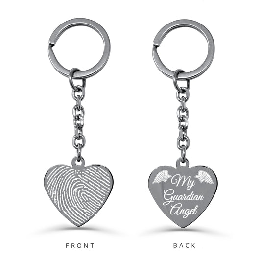 Personalized fingerprint memorial heart keychain with custom “My Guardian Angel” engraving on the back