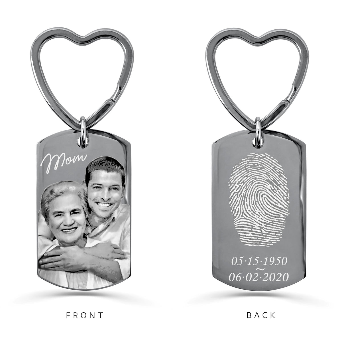 Personalized Mom memorial dog tag keychain with heart-shaped keyring, custom portrait on the front and fingerprint with dates on the back