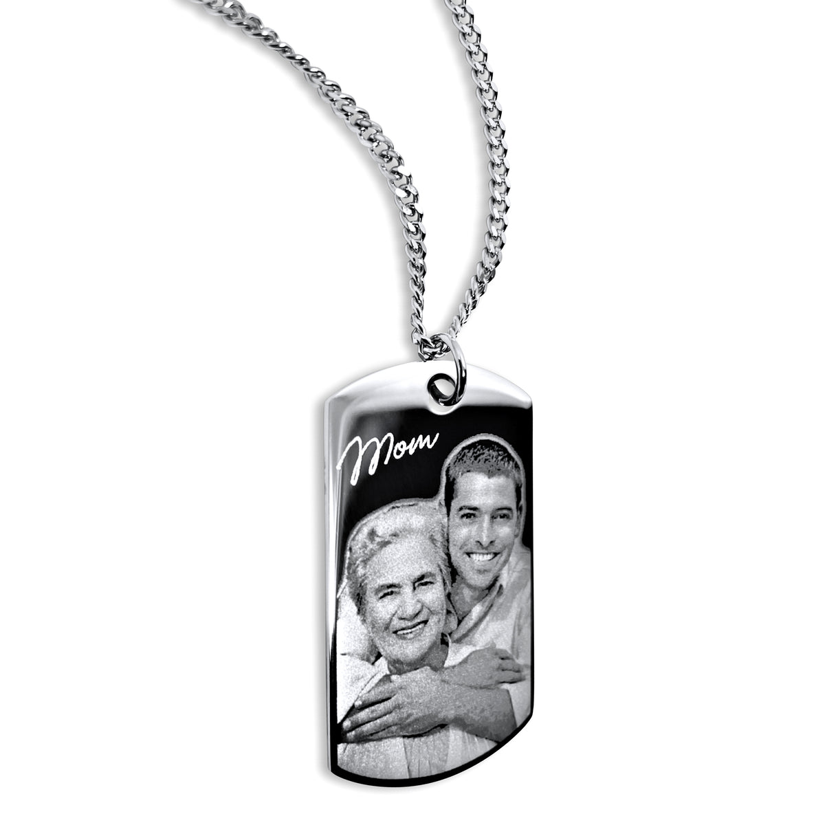Custom Mom photo memorial dog tag necklace shown in a close-up portrait engraving