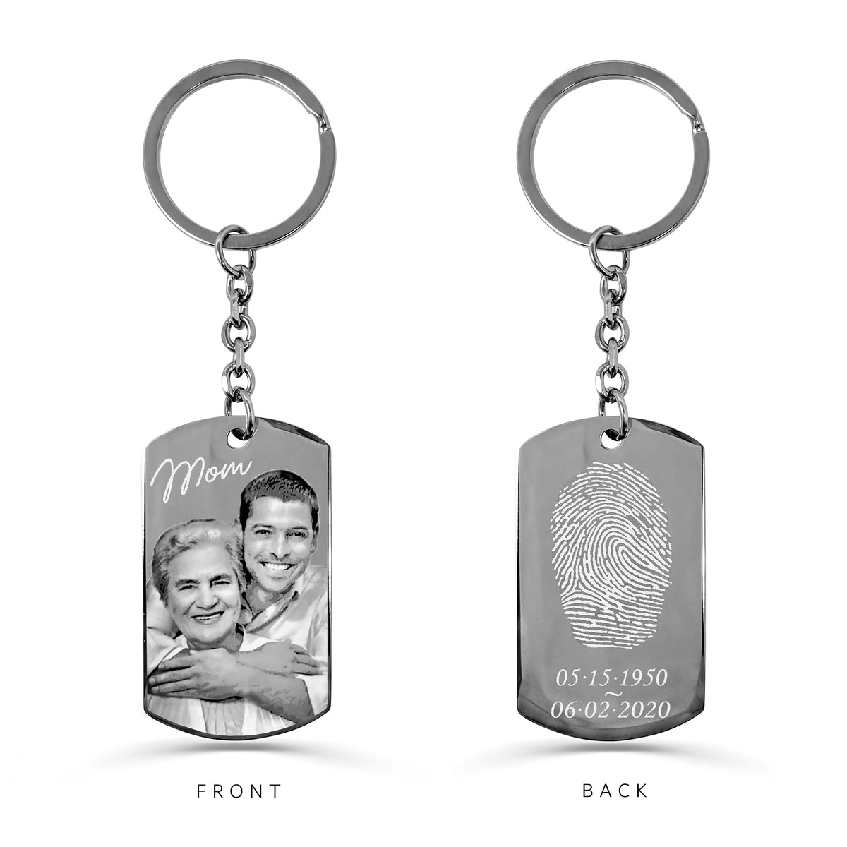 Custom Mom photo and fingerprint memorial dog tag keychain with round keyring showing portrait on the front and fingerprint on the back