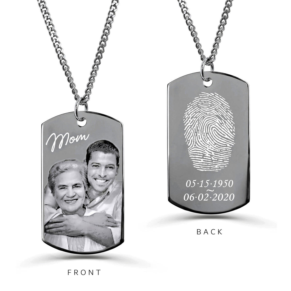 Personalized Mom memorial dog tag necklace with photo on the front and fingerprint with dates on the back