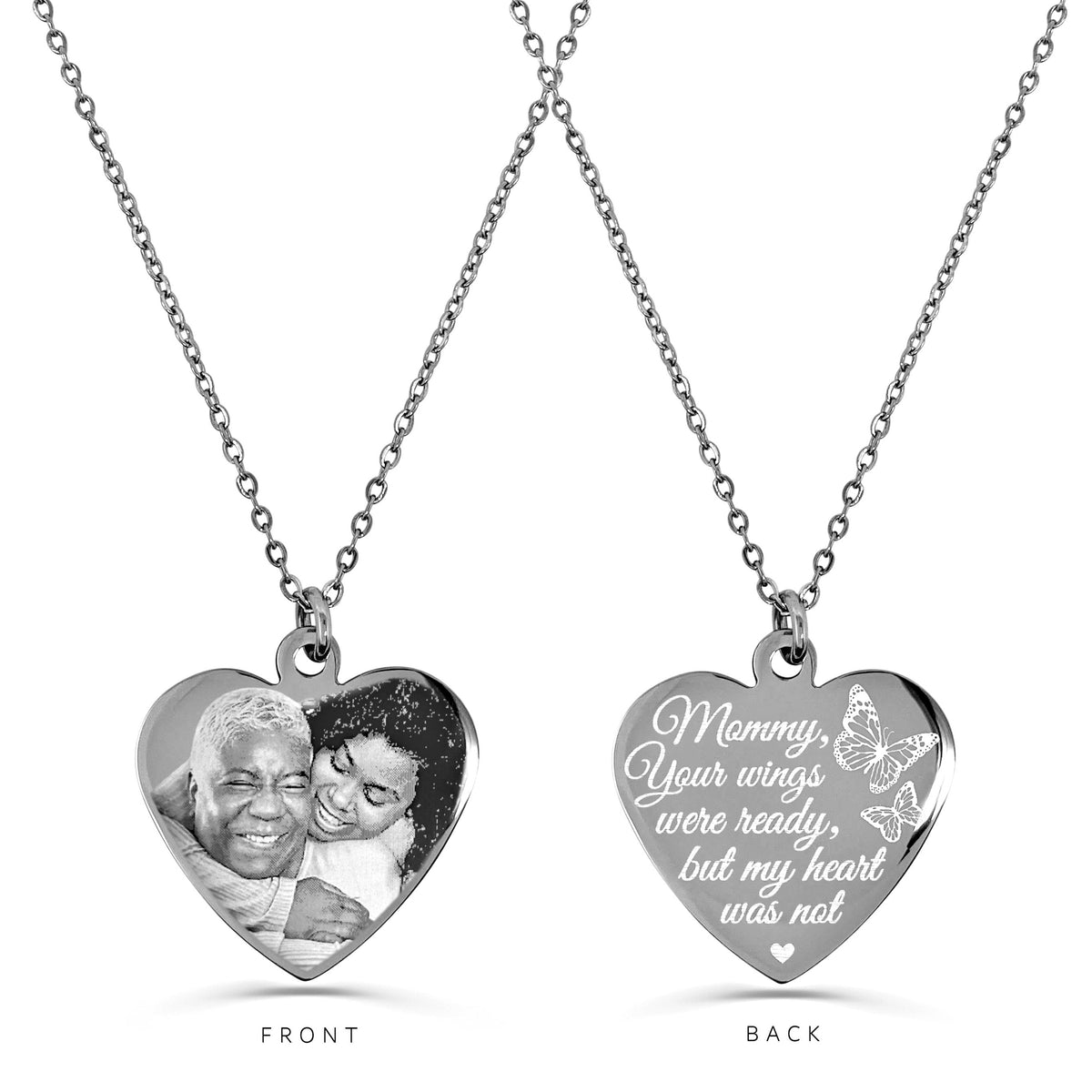 Custom photo memorial heart necklace with portrait engraving on the front and “Your wings were ready but my heart was not” on the back