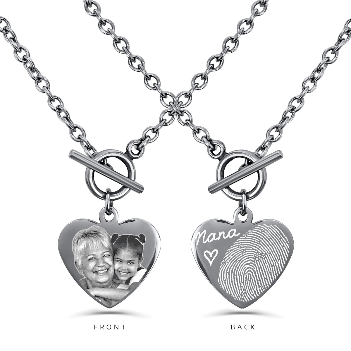 Personalized toggle clasp heart necklace with custom photo engraving on the front and handwritten name with fingerprint engraving on the back