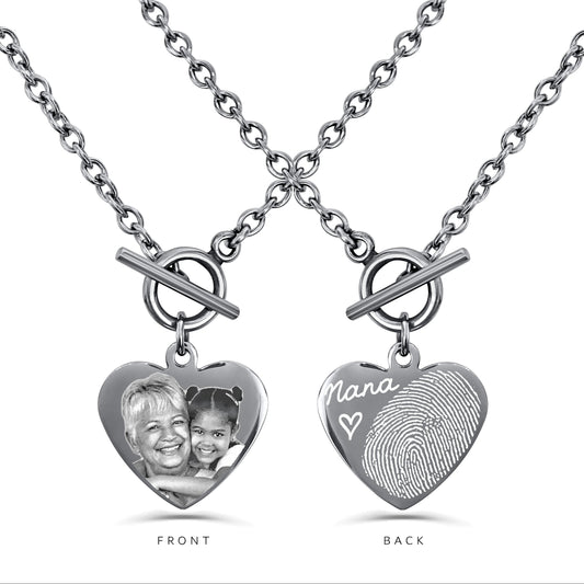 Personalized toggle clasp heart necklace with custom photo engraving on the front and handwritten name with fingerprint engraving on the back
