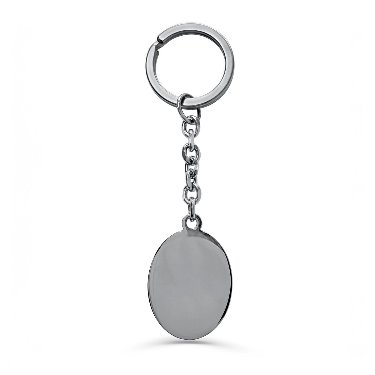 Blank polished oval stainless-steel keychain displayed on marble, ready for custom photo, fingerprint, handwriting, or message engraving