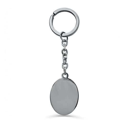 Blank polished oval stainless-steel keychain displayed on marble, ready for custom photo, fingerprint, handwriting, or message engraving