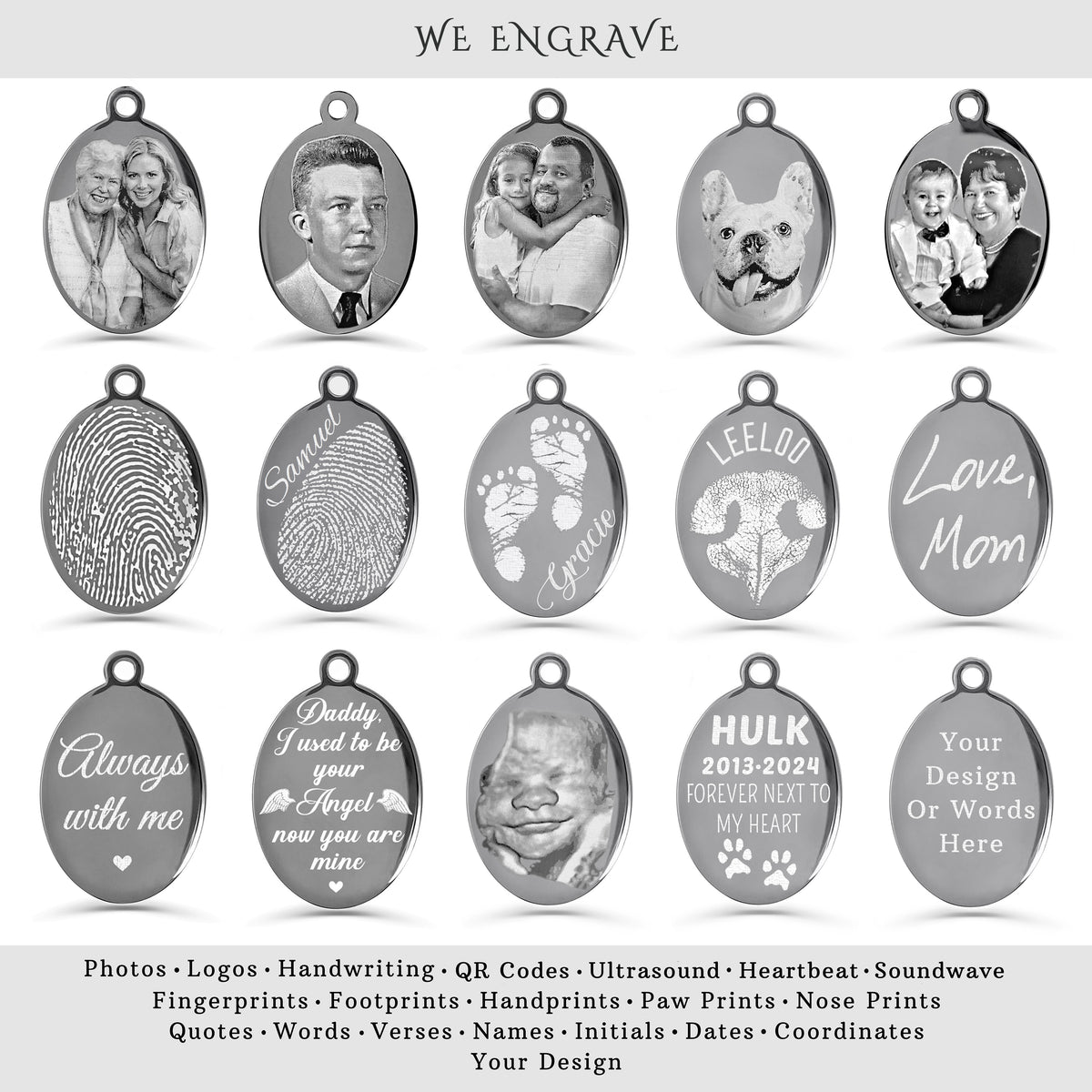 Personalized oval pendant engraving options with custom photos, fingerprints, handwriting, names, dates, messages, and memorial designs