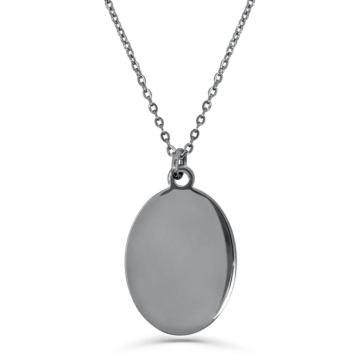 Blank polished stainless-steel oval pendant necklace, ready for custom photo, fingerprint, handwriting, or message engraving