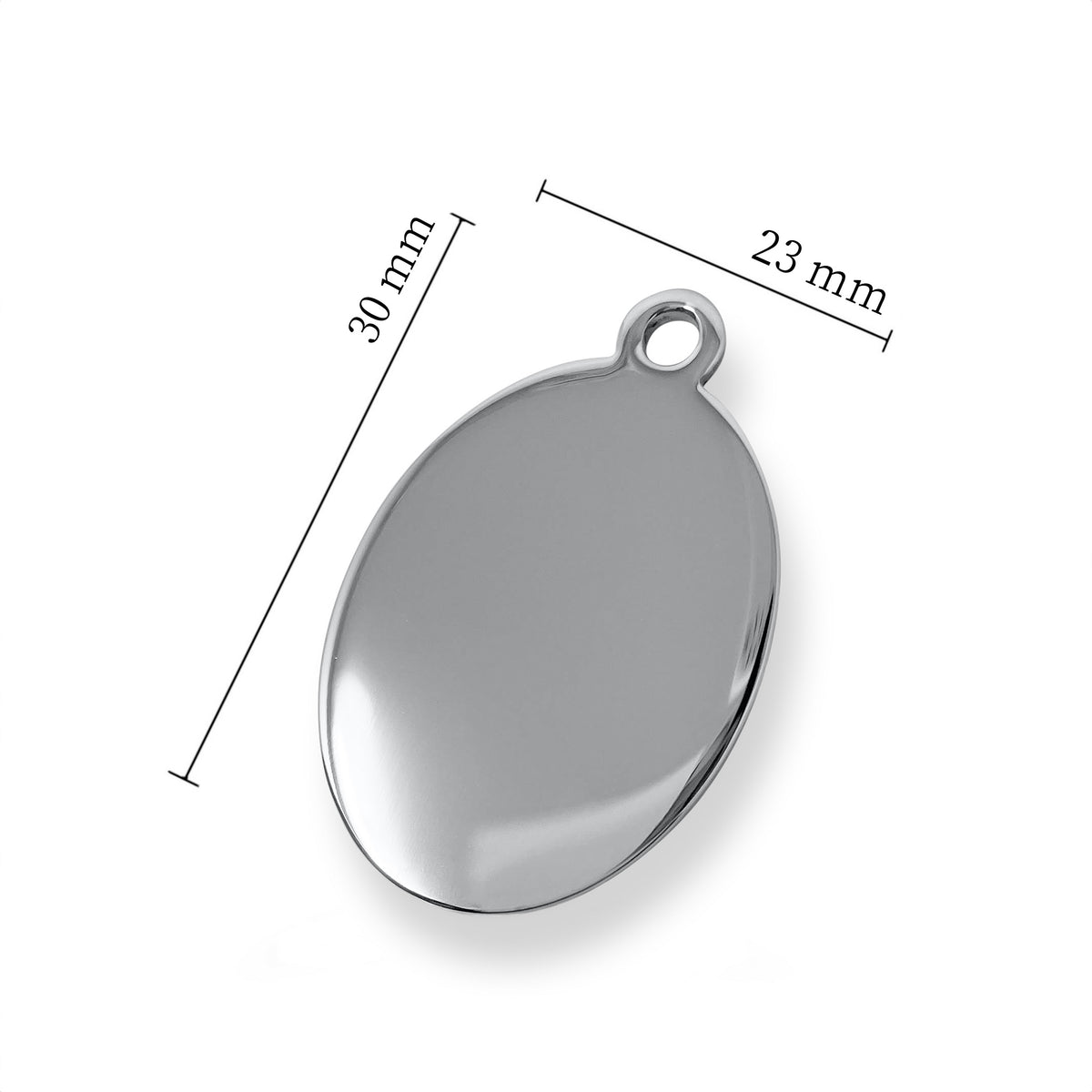 Oval stainless steel pendant size guide showing 30 mm height and 23 mm width