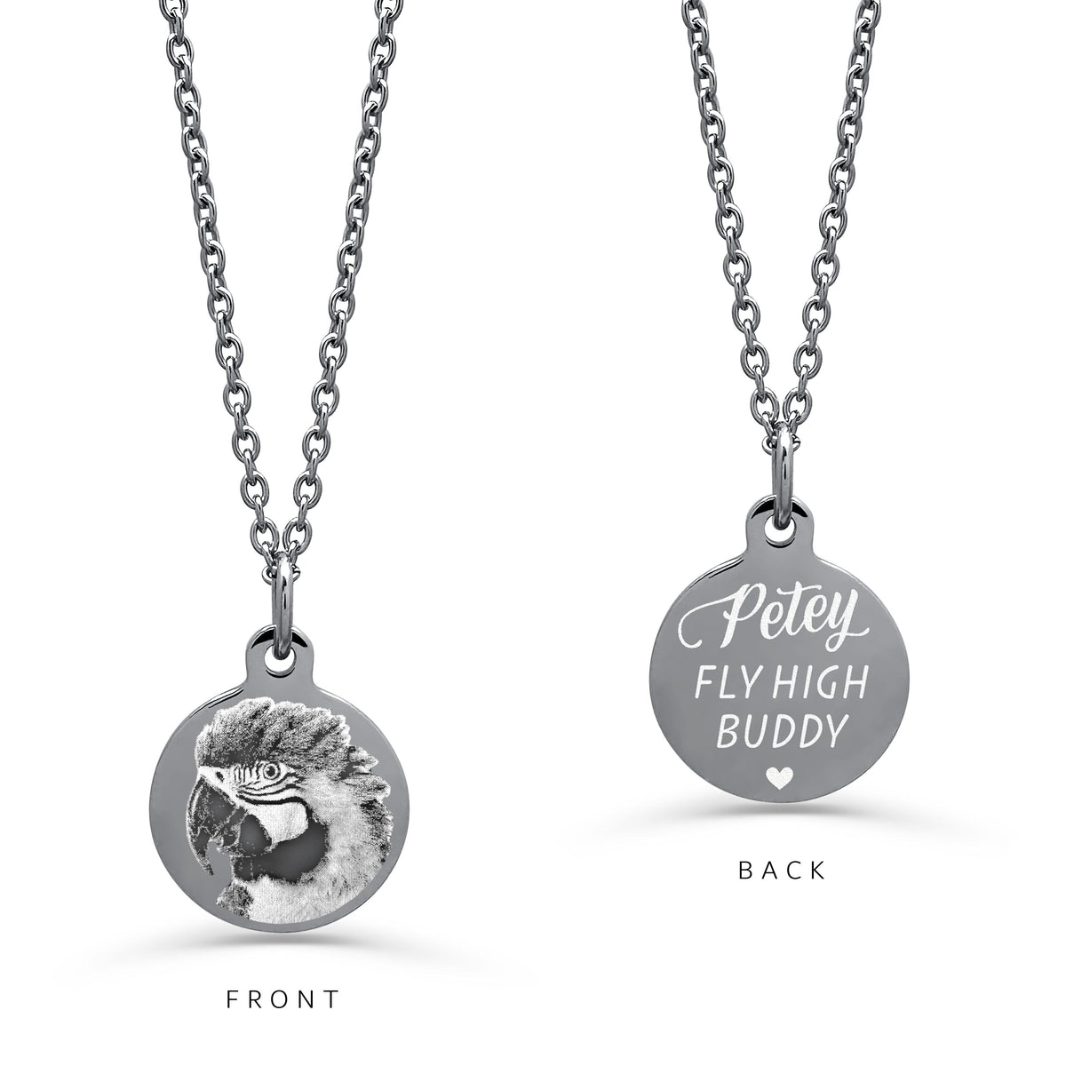 A silver round pendant necklace on a white background. The left side shows a detailed personalized parrot portrait engraved on the pendant, and the right side shows a custom engraved name with a memorial quote.
