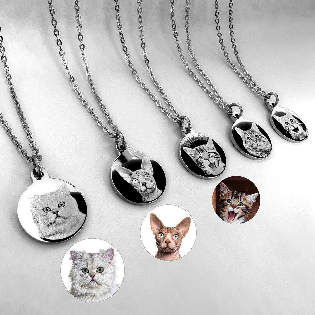 Six silver round pendant necklaces with custom pet portrait engravings are arranged on a light gray background.