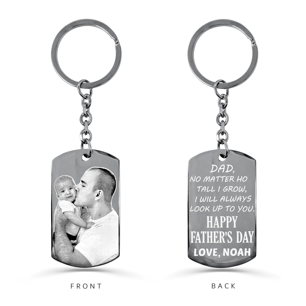 Custom Dad photo dog tag keychain with round keyring showing father and child portrait on the front and personalized Father’s Day message on the back