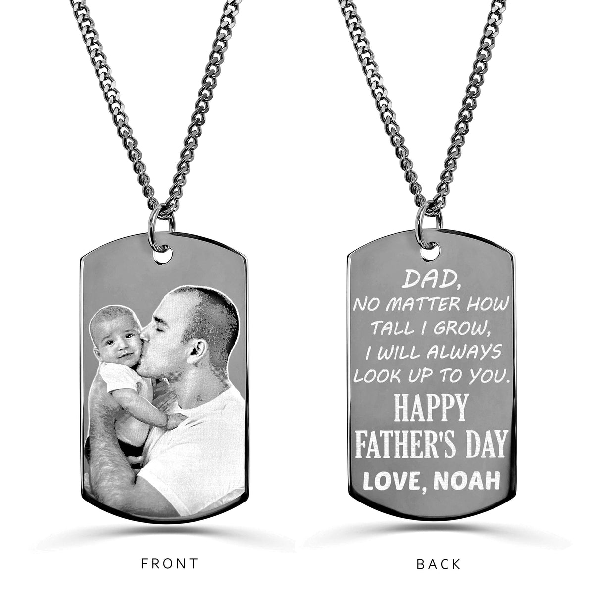Custom Dad photo dog tag necklace with father and child portrait on the front and Happy Father’s Day message on the back