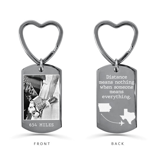 Personalized long-distance photo dog tag keychain with heart-shaped keyring showing custom photo and mileage on the front and “Distance means nothing when someone means everything” on the back