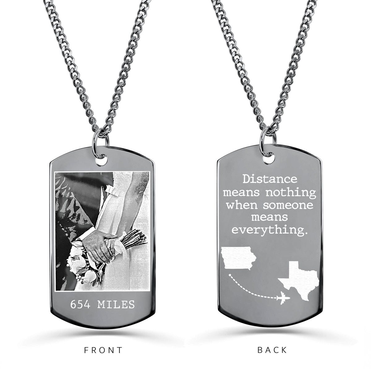 Personalized dog tag necklace showing custom photo and “Distance means nothing when someone means everything” map design