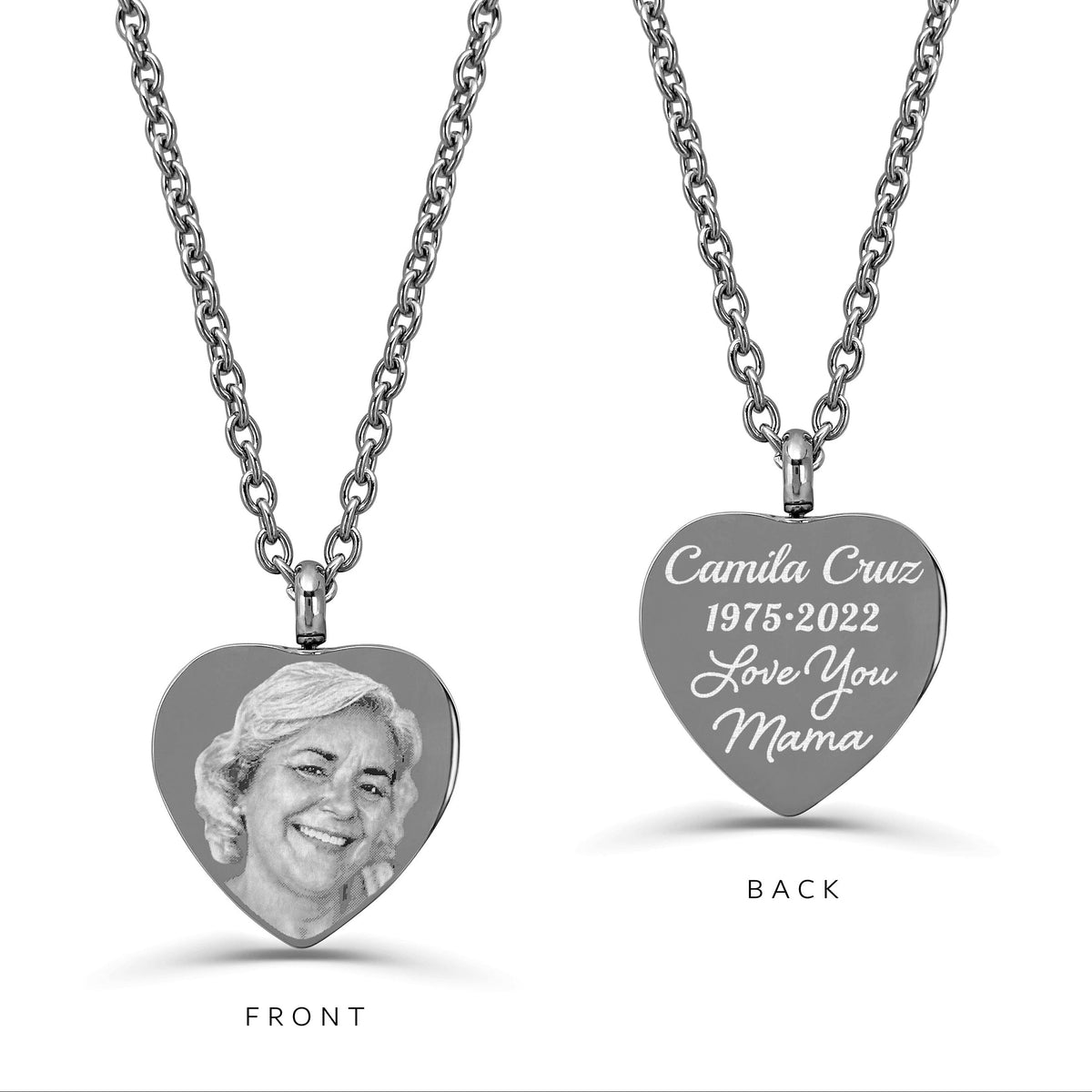 Personalized heart urn necklace shown front and back with engraved portrait, name, dates and memorial text