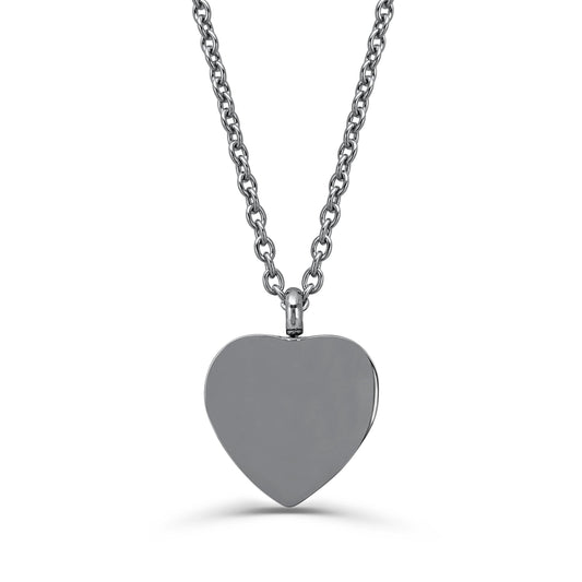 A silver heart-shaped urn pendant necklace on a matching silver chain, shown against a plain white background.