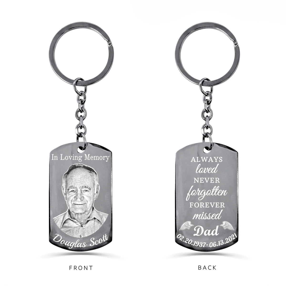 Personalized Dad photo memorial dog tag keychain with round keyring showing portrait on the front and remembrance quote with dates on the back