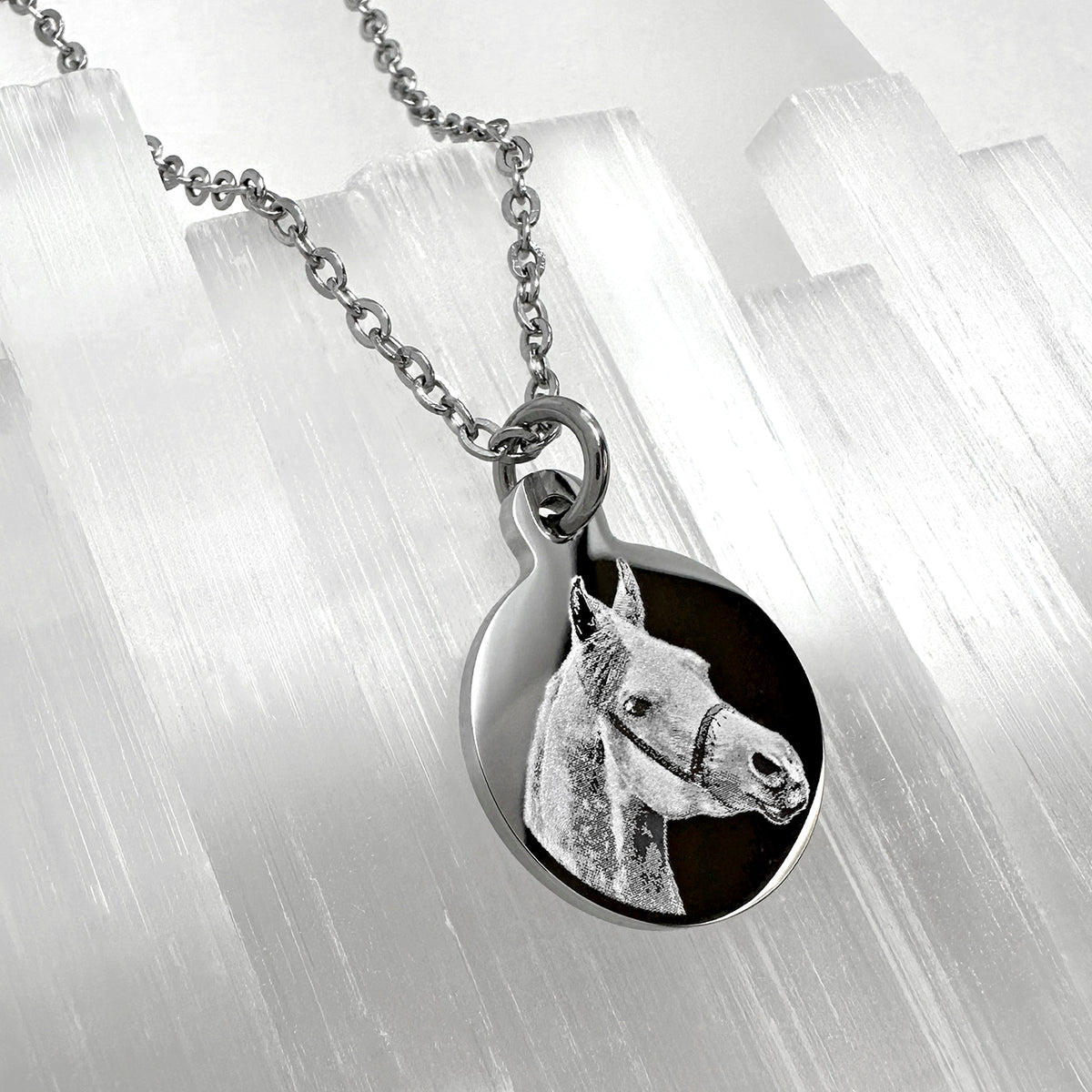 A silver round pendant necklace featuring a personalized engraved horse portrait, shown on a stainless-steel chain against a light gray textured background.