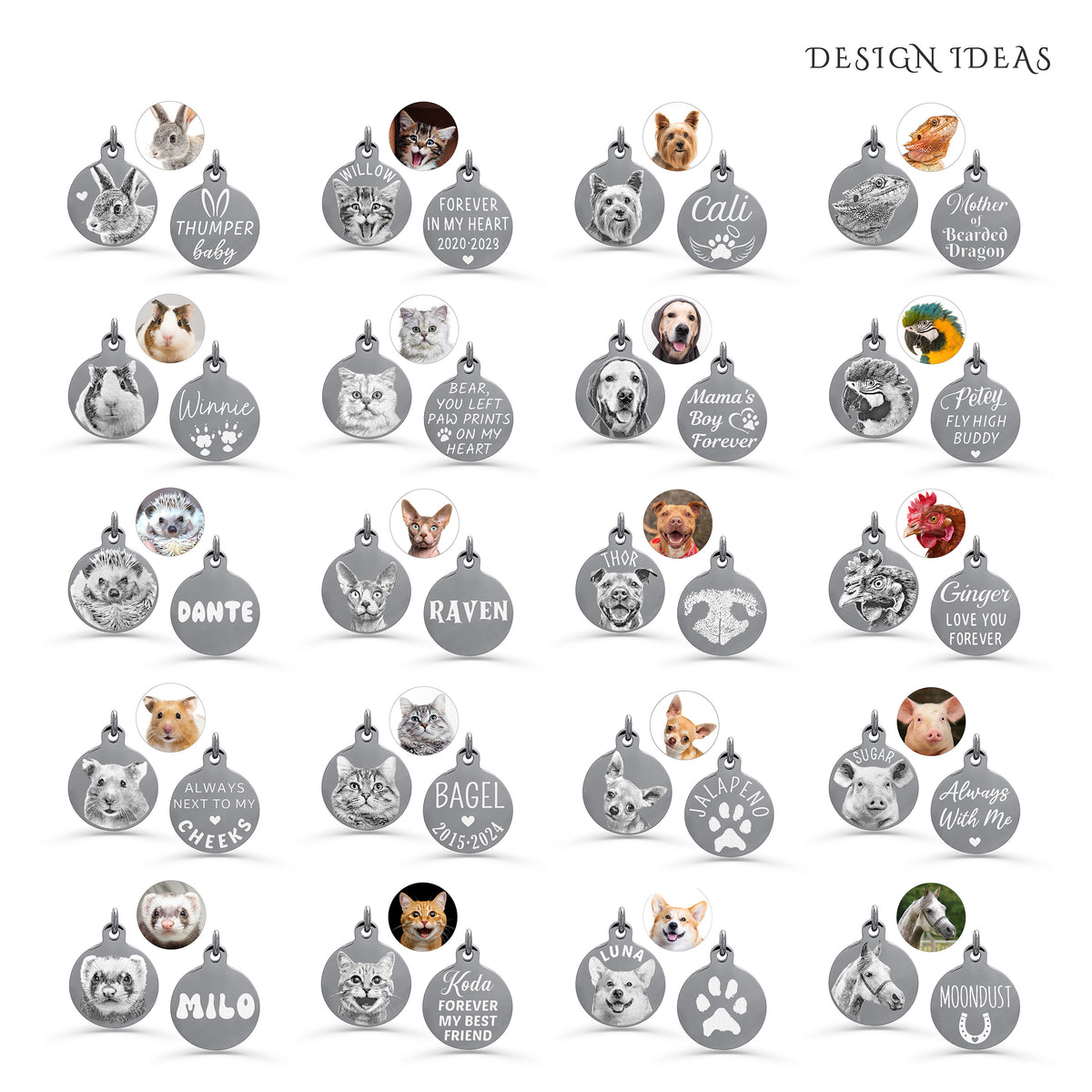 Design ideas for personalized round pet portrait necklaces with engraved photos of dogs, cats, rabbits, guinea pigs, horses and other pets