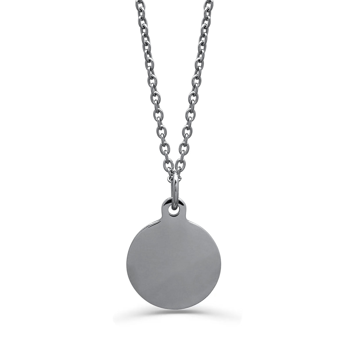 A stainless-steel necklace with a round disc pendant on a cable link chain, shown against a plain white background.