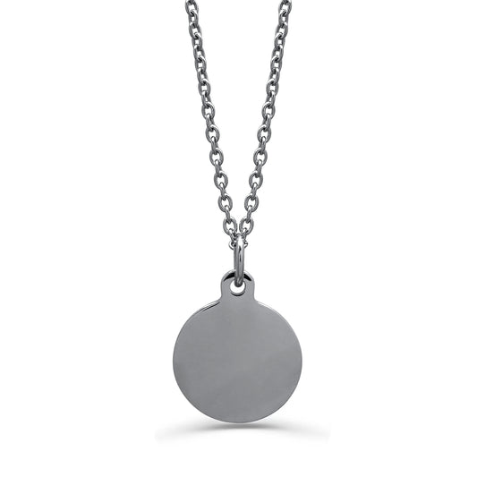 A stainless-steel necklace with a round disc pendant on a cable link chain, shown against a plain white background.