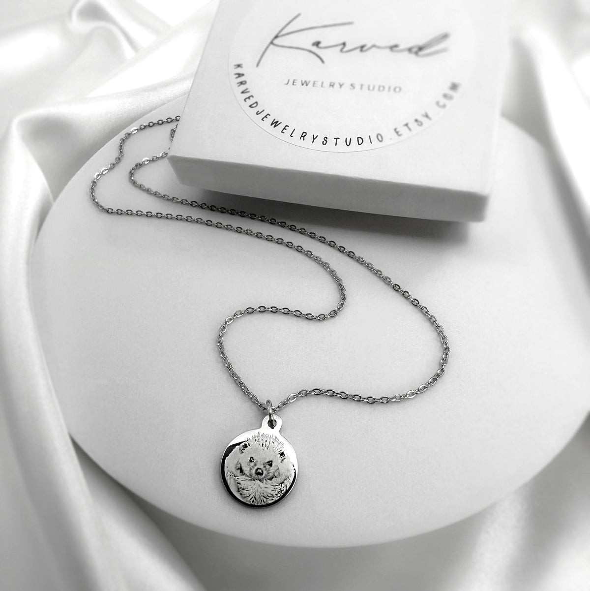 A silver pendant necklace with a round engraved charm showcasing a personalized hedgehog portrait.