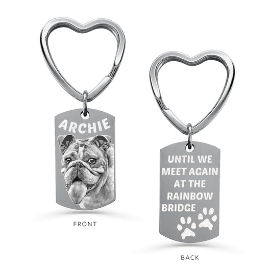 Personalized dog tag urn keychain with pet portrait photo engraving on the front and custom Rainbow Bridge quote engraving on the back