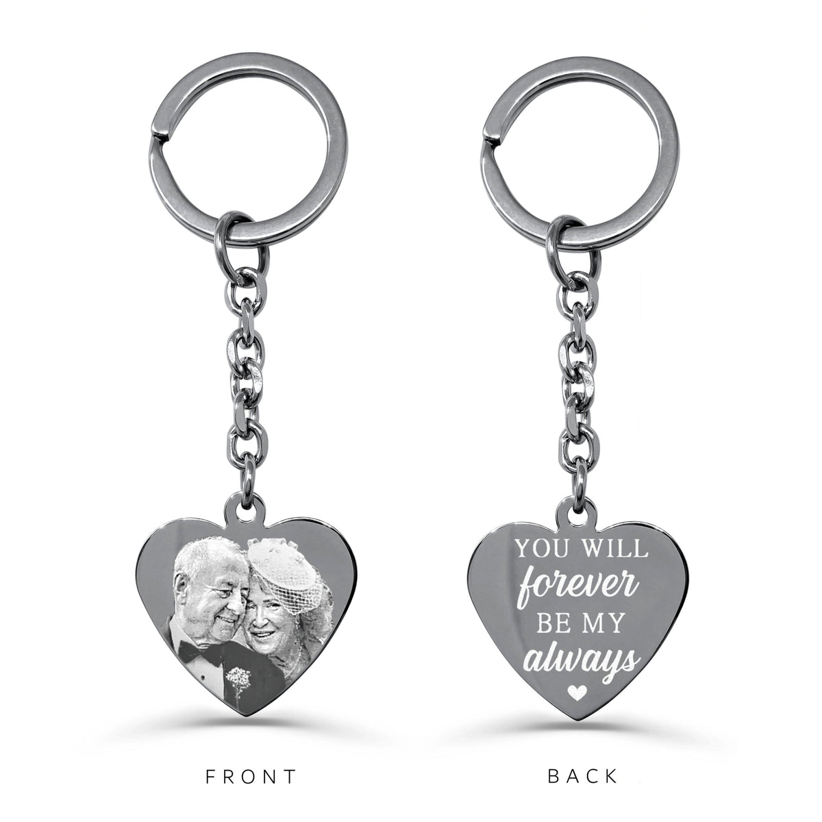 Custom anniversary or wedding heart keychain with couple photo on the front and romantic message on the back