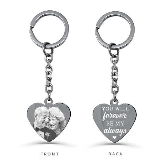 Custom anniversary or wedding heart keychain with couple photo on the front and romantic message on the back