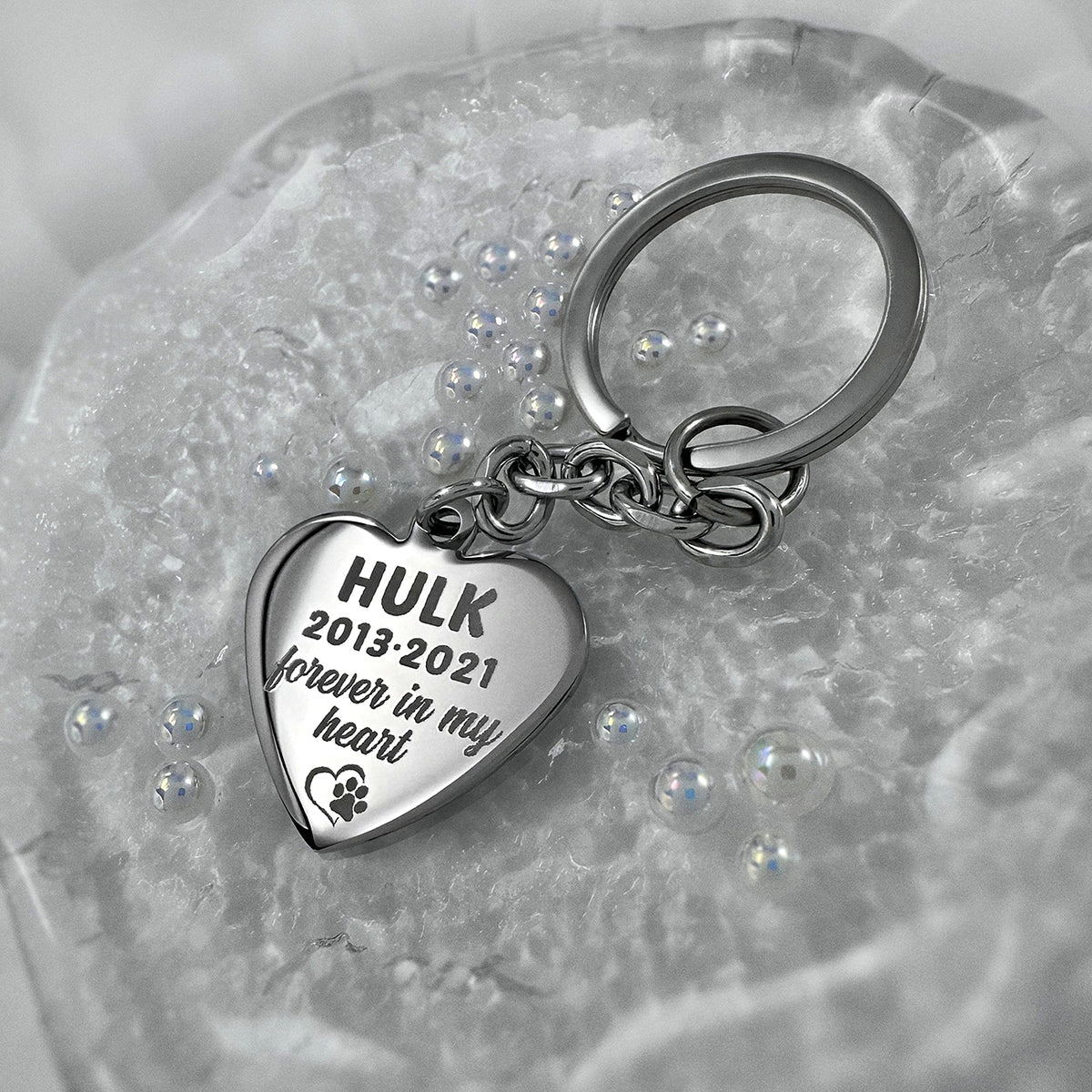 Personalized pet memorial heart keychain with custom pet photo engraving, name, dates, paw print, and “Forever in my heart” message
