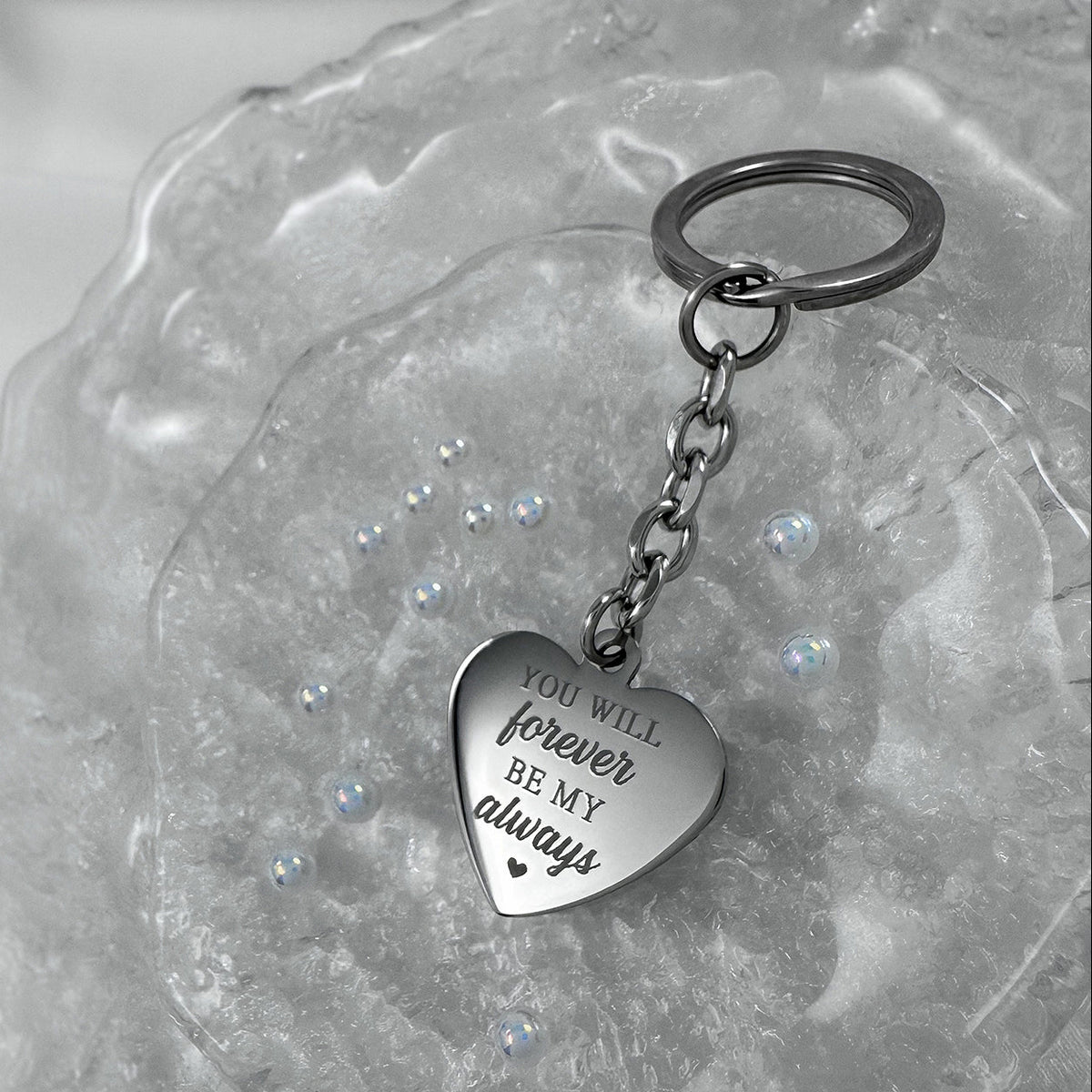 Couple anniversary heart keychain with personalized remembrance message 'You will forever be my always' engraved on the back