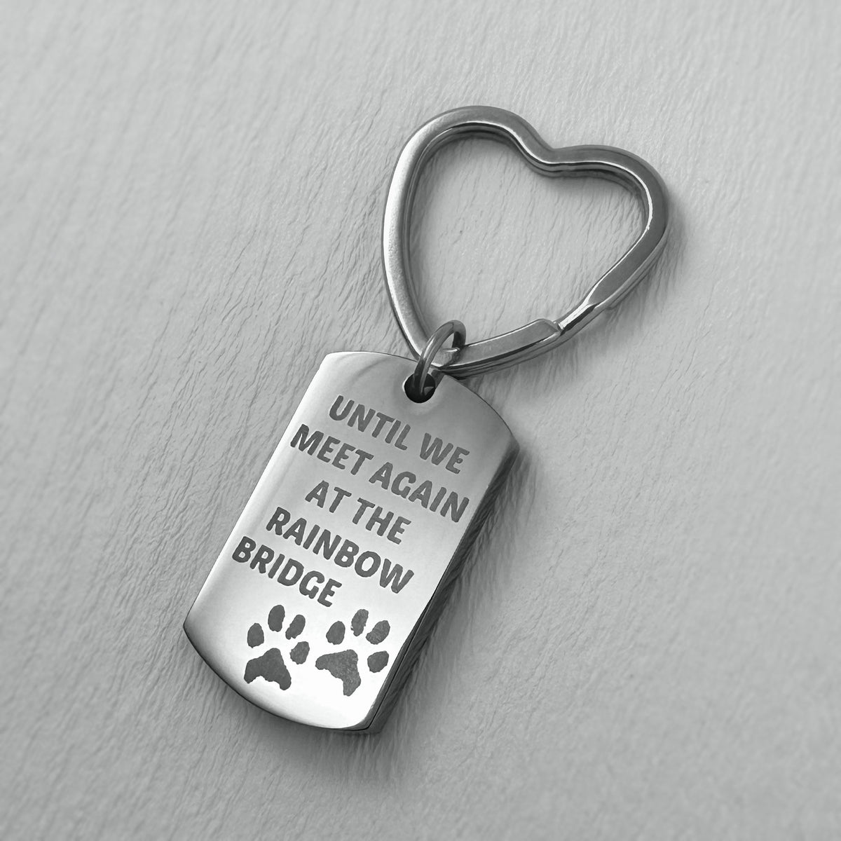 Pet memorial dog tag urn keychain with custom “Until we meet again at the Rainbow Bridge” message