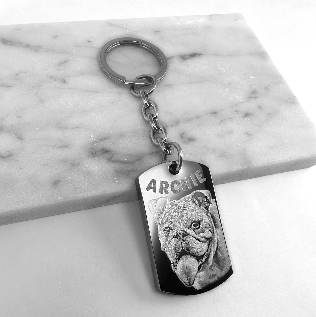 Custom pet photo dog tag urn keychain with engraved portrait
