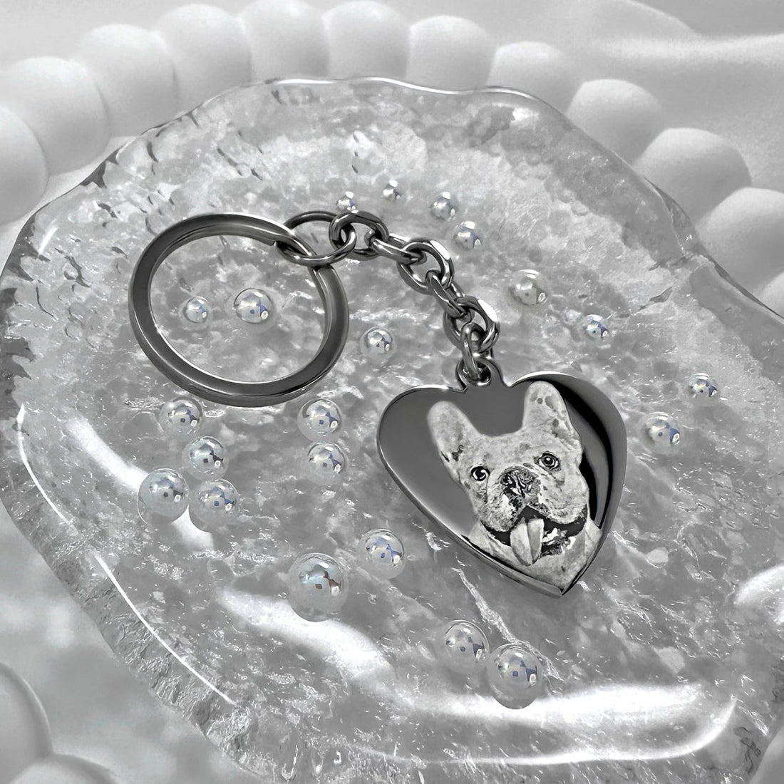 Custom dog portrait photo silver heart keychain with personalized pet name