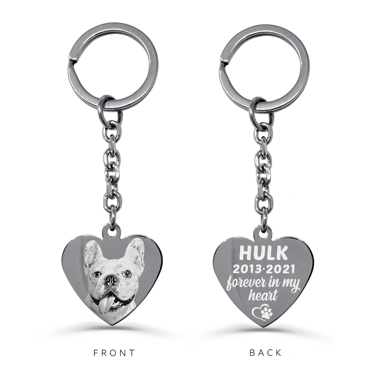 Pet memorial heart keychain with engraved dog portrait on the front and custom name, dates, paw print, and message on the back