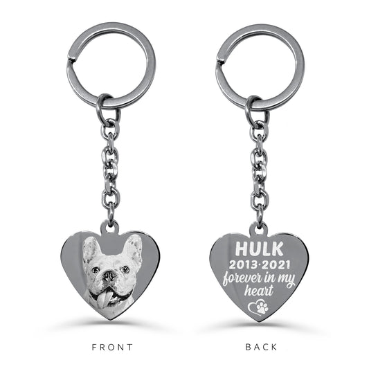 Pet memorial heart keychain with engraved dog portrait on the front and custom name, dates, paw print, and message on the back