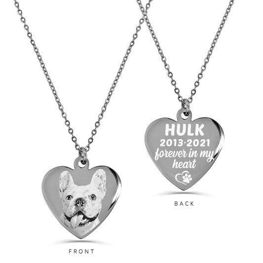 Personalized pet heart necklace with custom pet photo engraving on the front and memorial name, dates, and paw print on the back