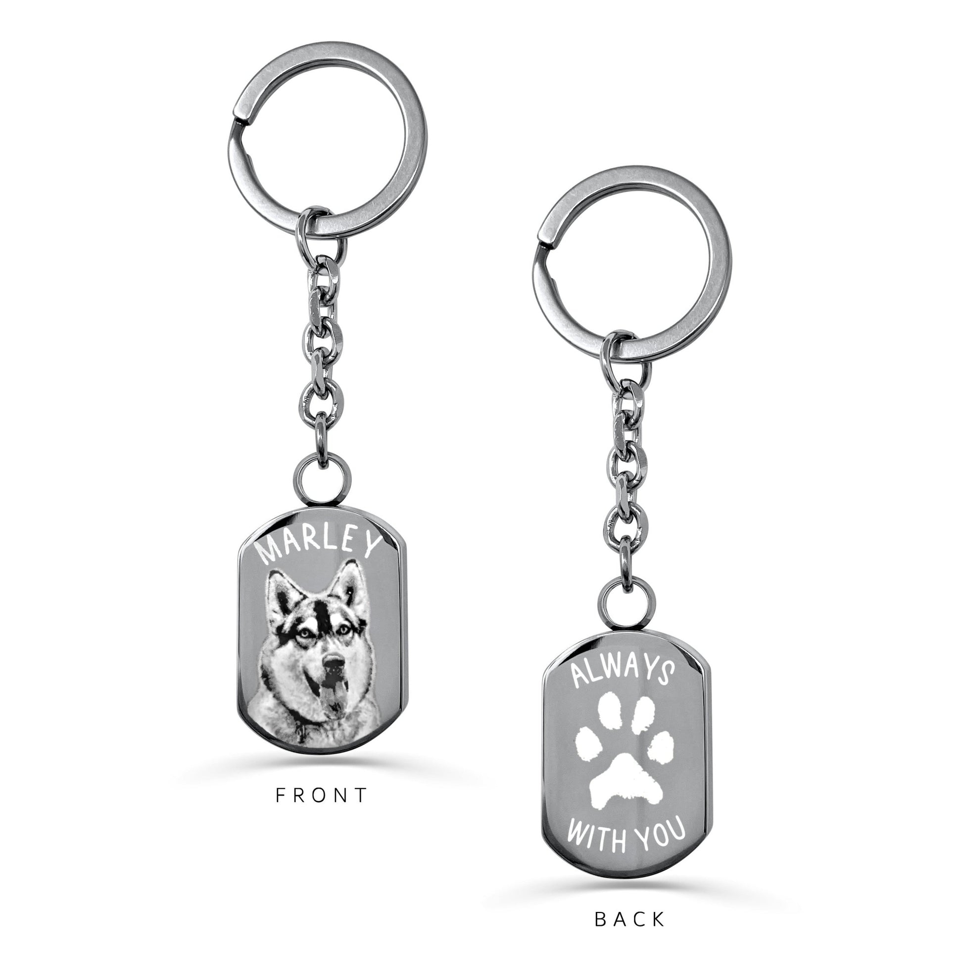 Personalized pet cremation urn keychain with a custom dog photo on the front and paw-print memorial engraving on the back.