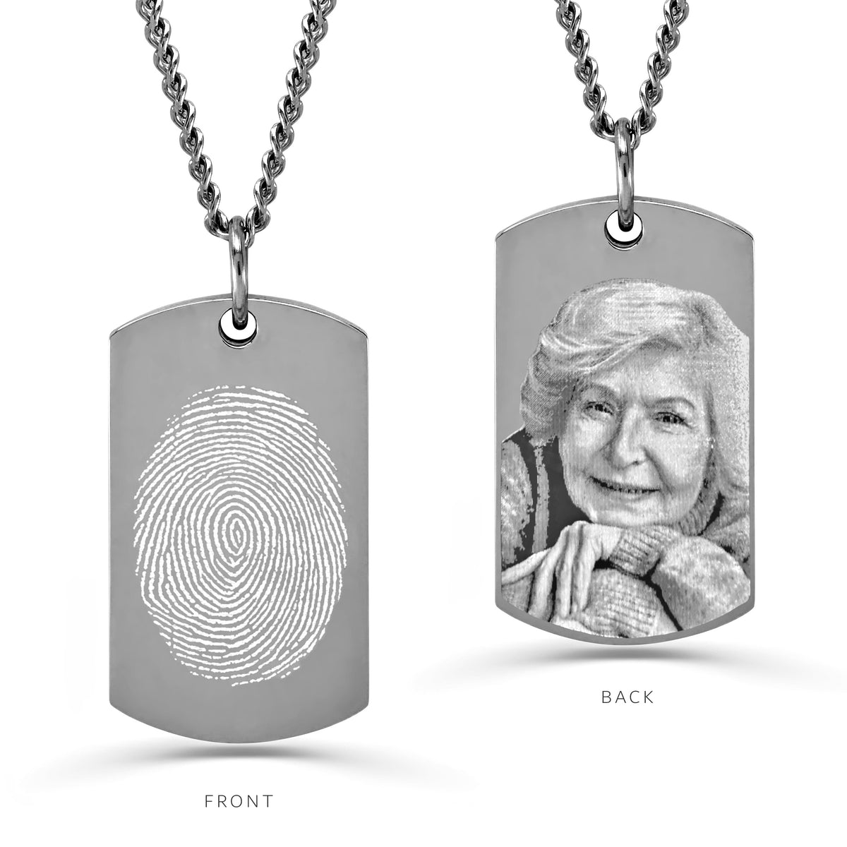 Personalized dog tag urn necklace with an actual fingerprint engraving on the front and custom photo engraving on the back