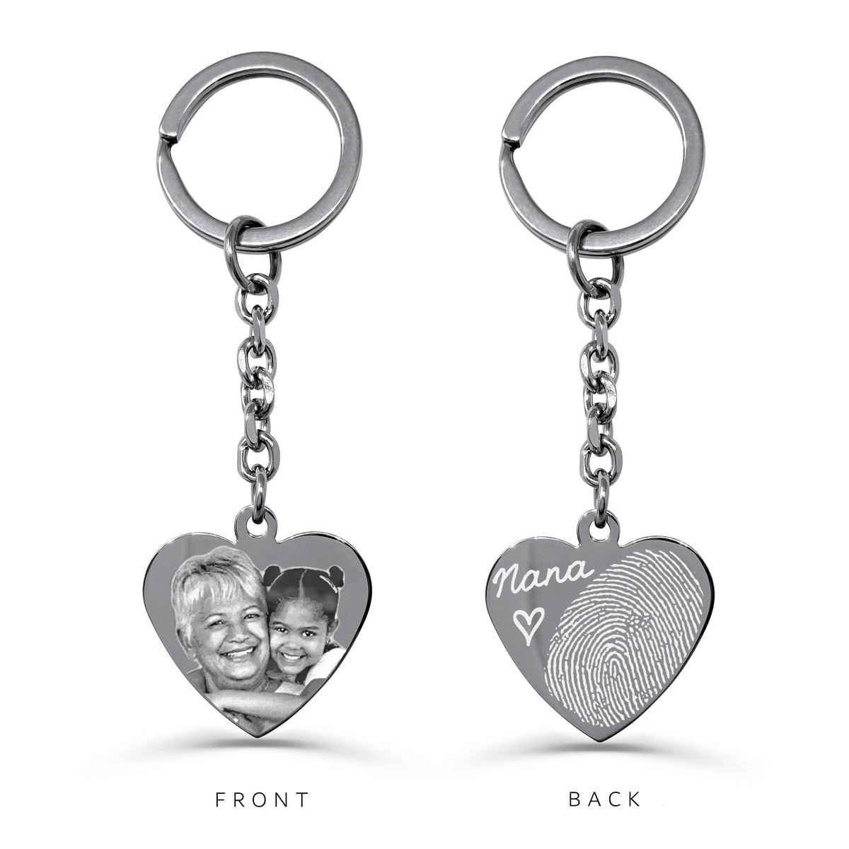 Custom Grandma photo and fingerprint handwriting heart keychain showing personalized engraving on the front and back