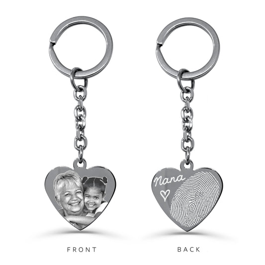 Custom Grandma photo and fingerprint handwriting heart keychain showing personalized engraving on the front and back