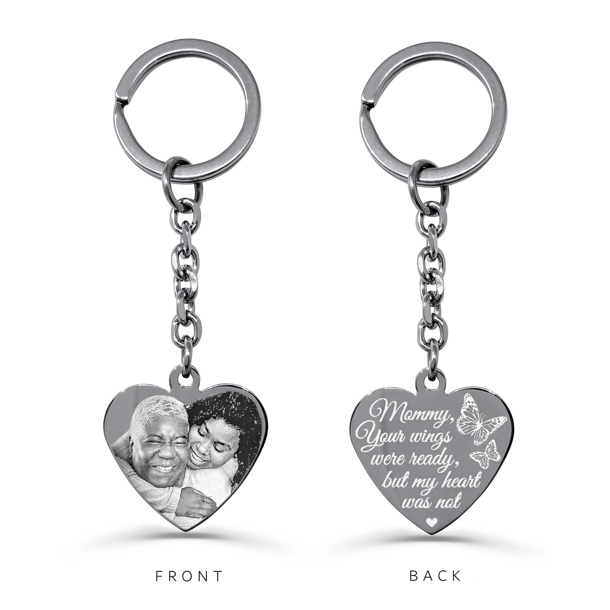 Custom photo memorial heart keychain with portrait engraving on the front and meaningful memorial wording "Your wings were ready, but my heart was not" on the back
