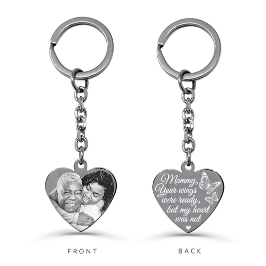Custom photo memorial heart keychain with portrait engraving on the front and meaningful memorial wording "Your wings were ready, but my heart was not" on the back
