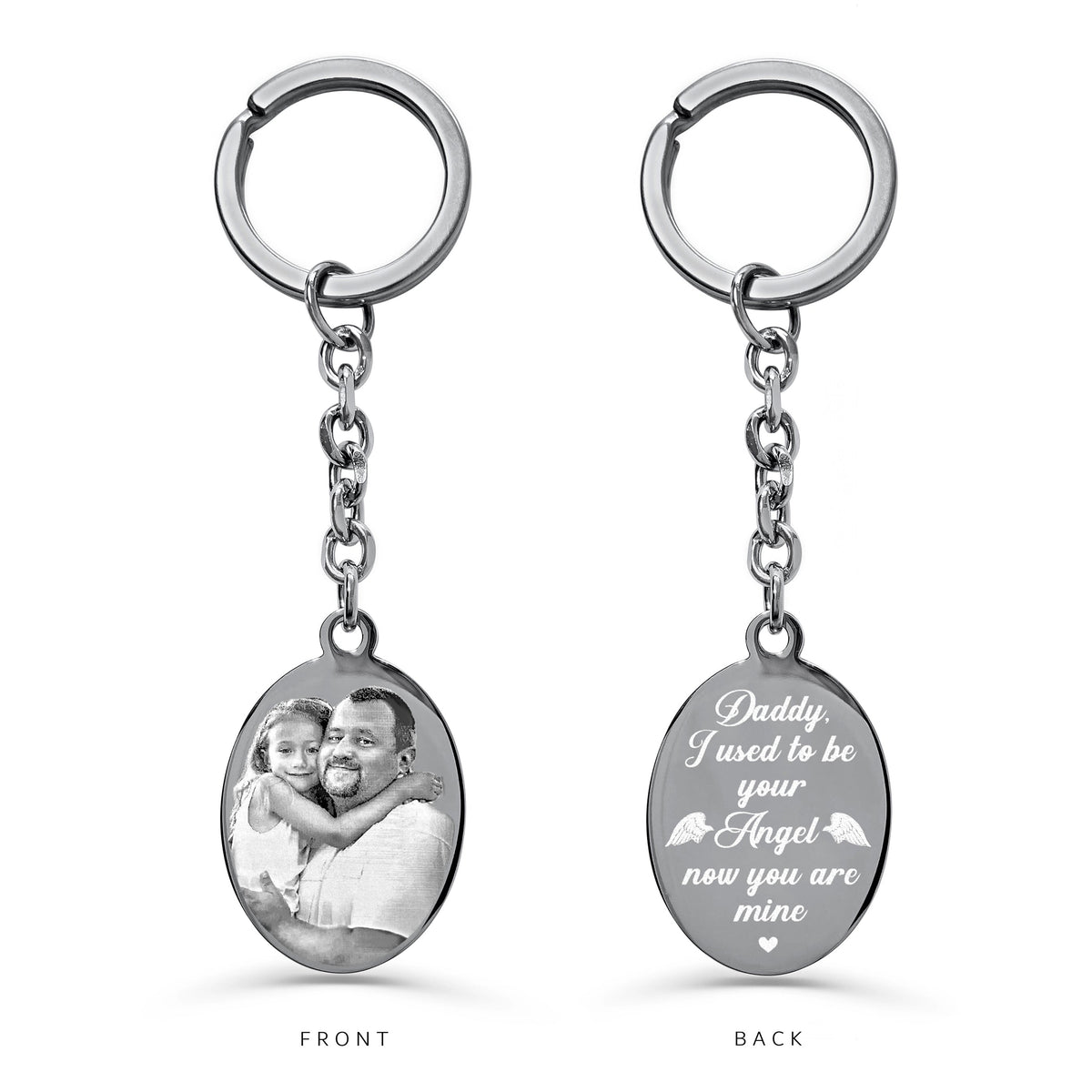 Custom Dad picture memorial oval keychain with portrait engraving on the front and personalized remembrance poem on the back
