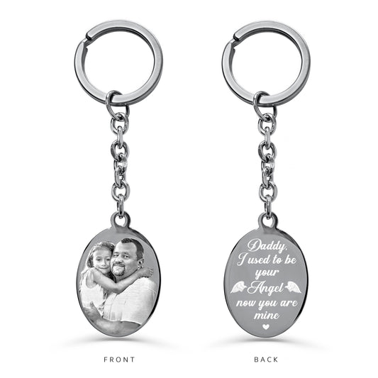 Custom Dad picture memorial oval keychain with portrait engraving on the front and personalized remembrance poem on the back