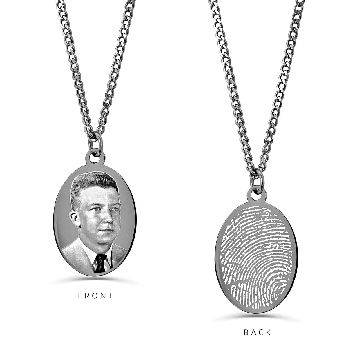 Personalized stainless-steel oval necklace with portrait engraving on the front and custom fingerprint engraving on the back