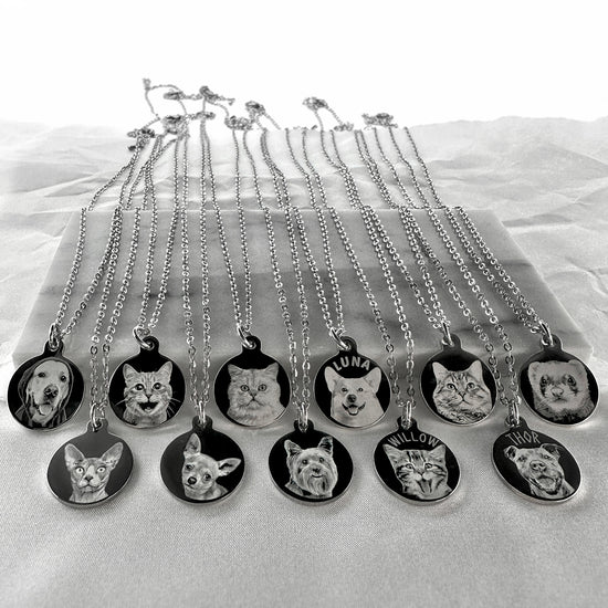 Video showing personalized round pet portrait necklaces engraved with different animals